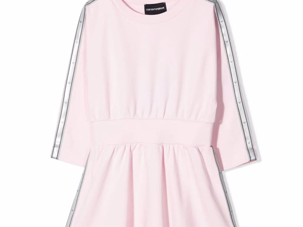Pink jersey dress for girls by Emporio Armani. Cotton crew neck dress with three-quarter sleeves and an above-the-knee length.