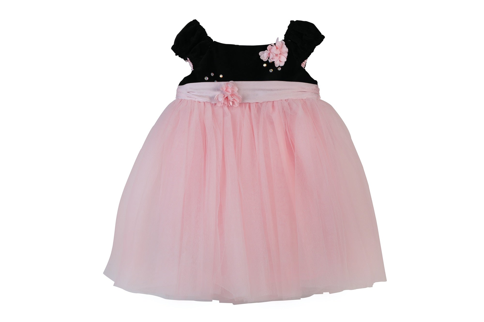 sleeveless pink and black tiered tulle dress for baby girls