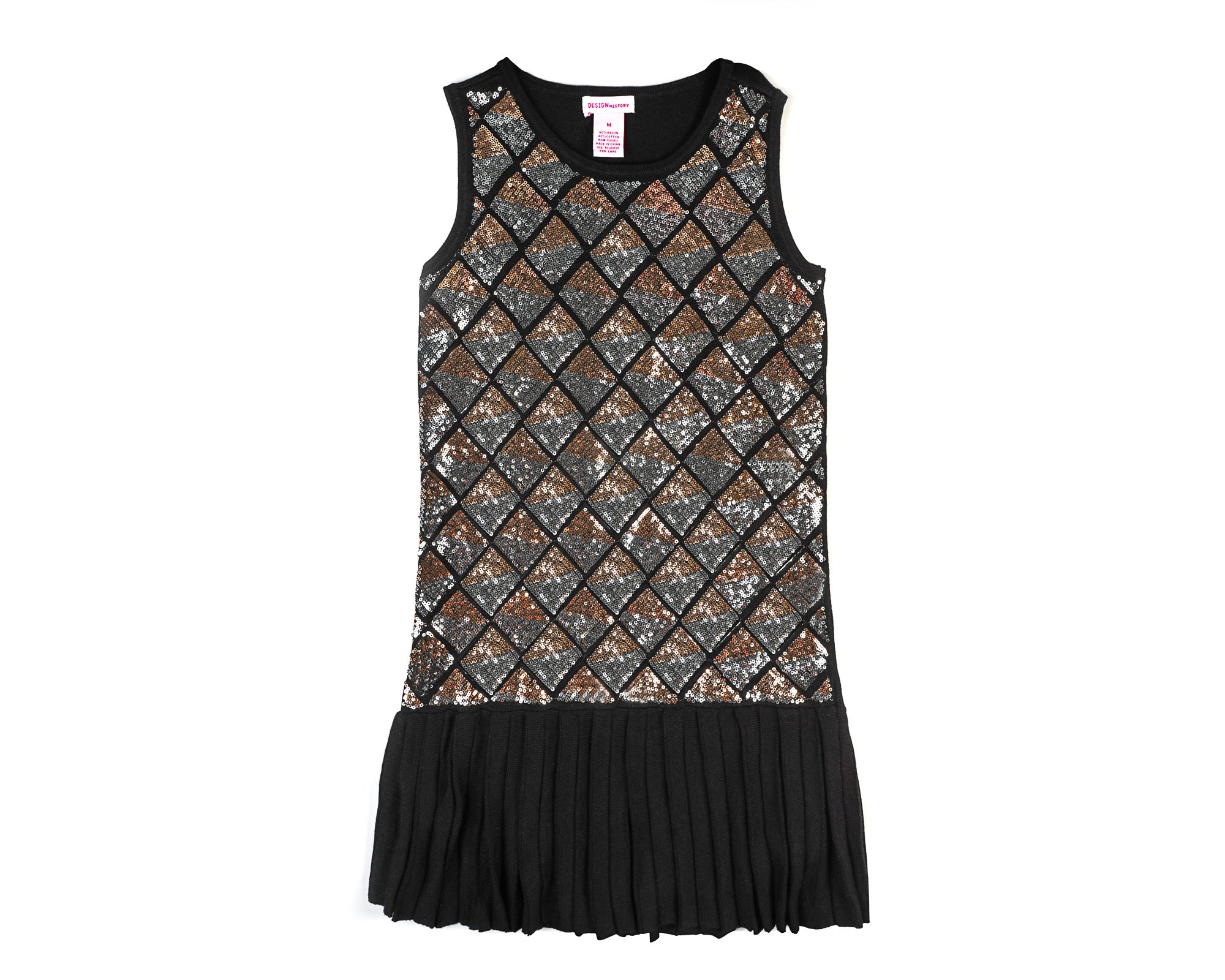 Sleeveless fancy party dress for girls featuring a black pleated skirt and adorned with gold sequins