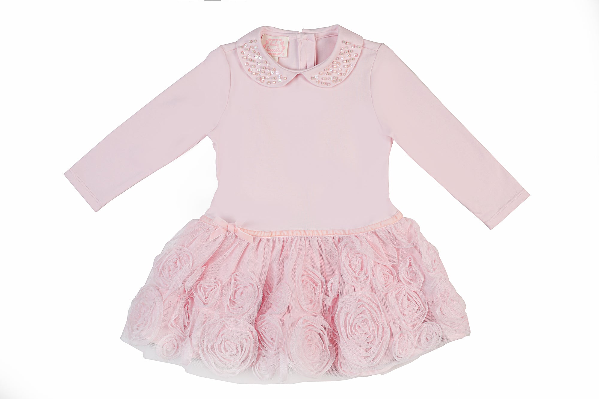 pink tulle drill dress in cotton with long sleeves & sequin collar