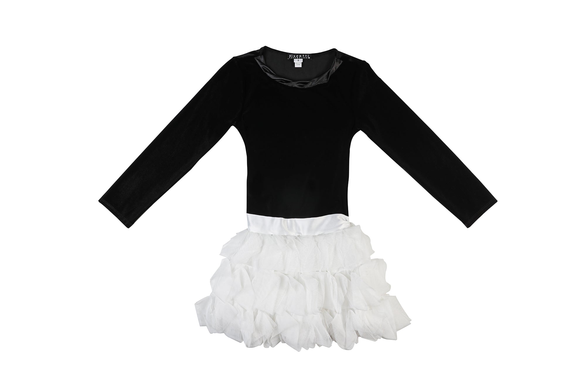 long sleeves black velour dress for girls with a white balloon ruffle peplum