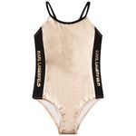 Karl Lagerfeld girls and teens metallic gold swimsuit with logo detail, stretchy and silky fabric