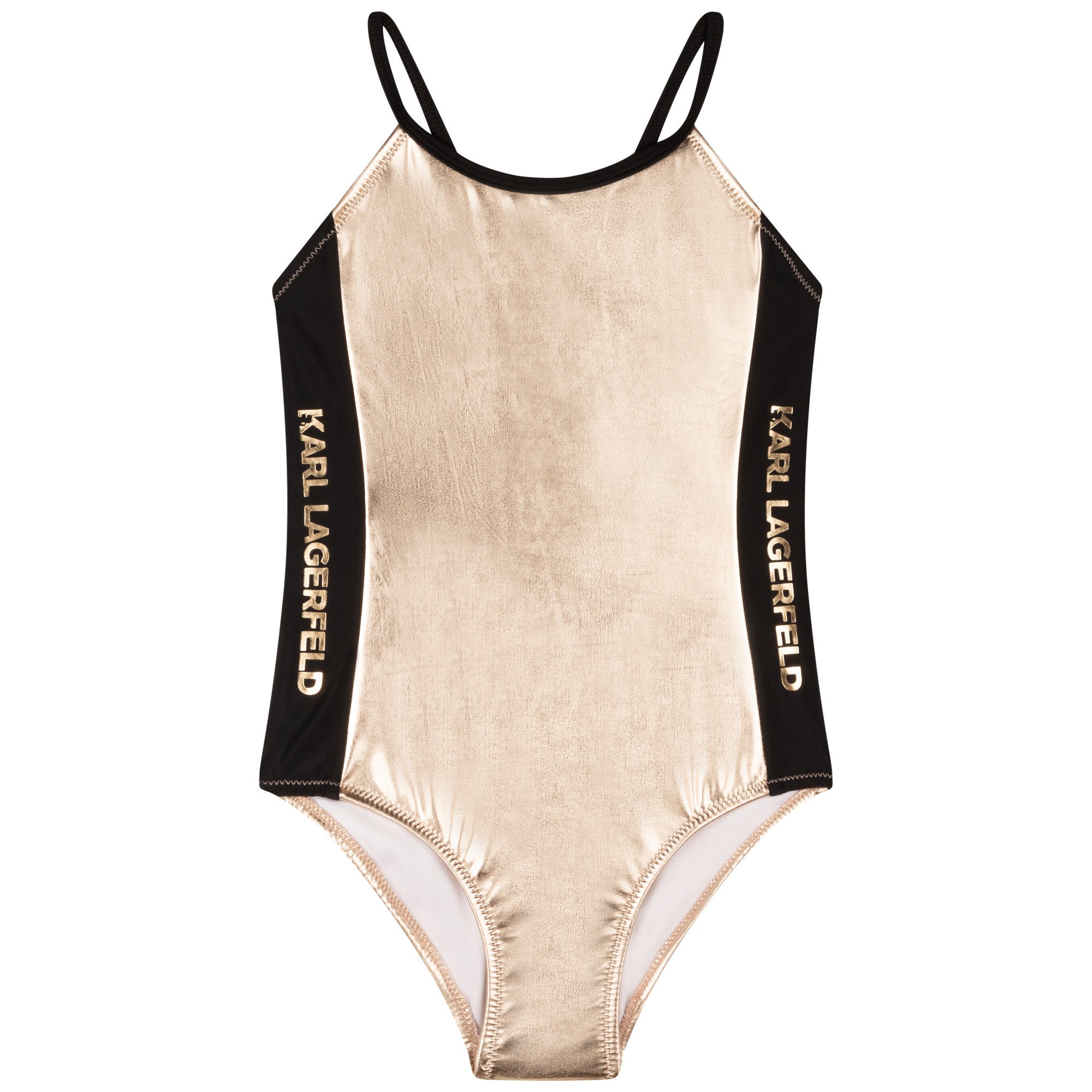 Karl Lagerfeld girls and teens metallic gold swimsuit with logo detail, stretchy and silky fabric