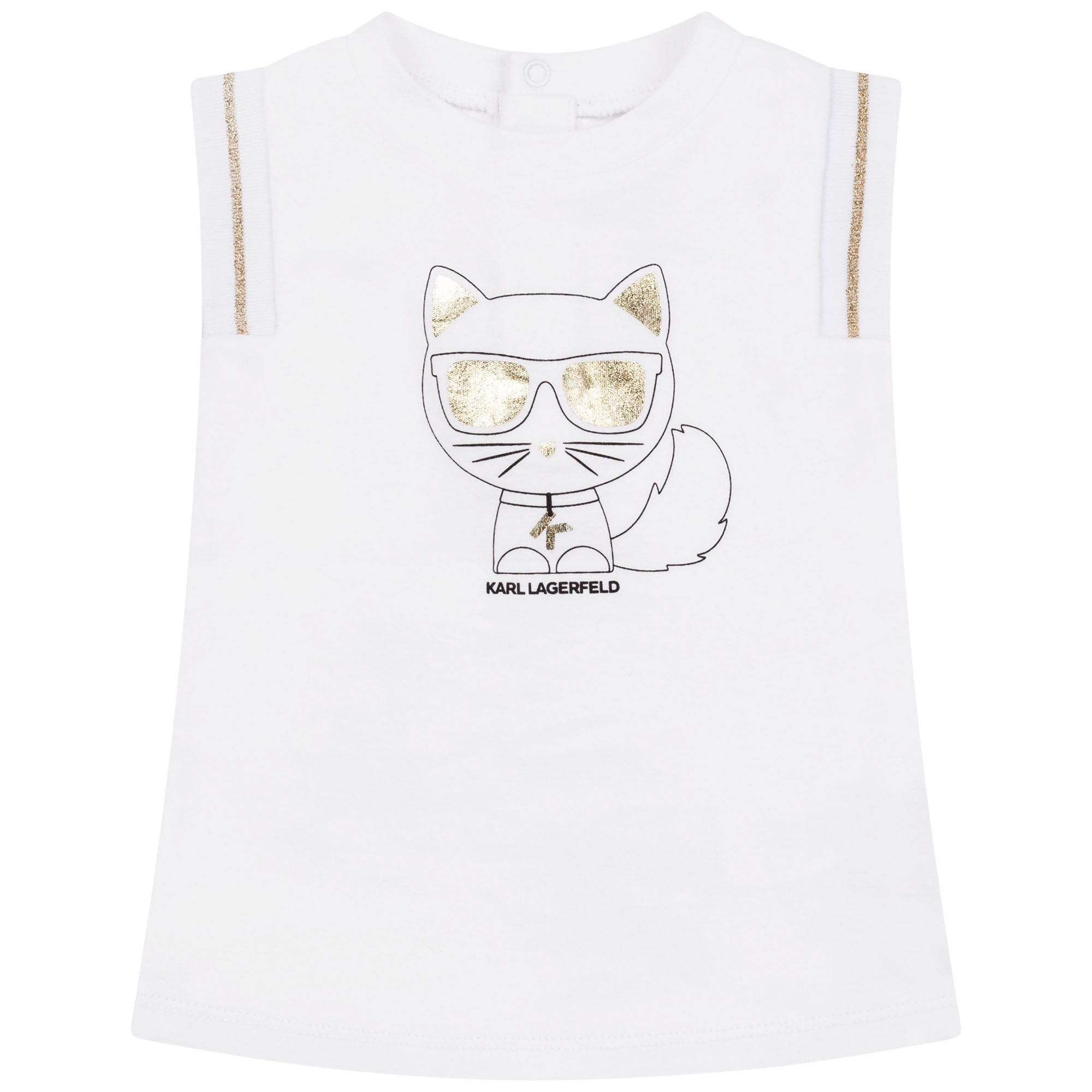 sleeveless white baby dress adorned with the iconic gold foil Choupette logo by Karl Lagerfeld, a summer dress in cotton