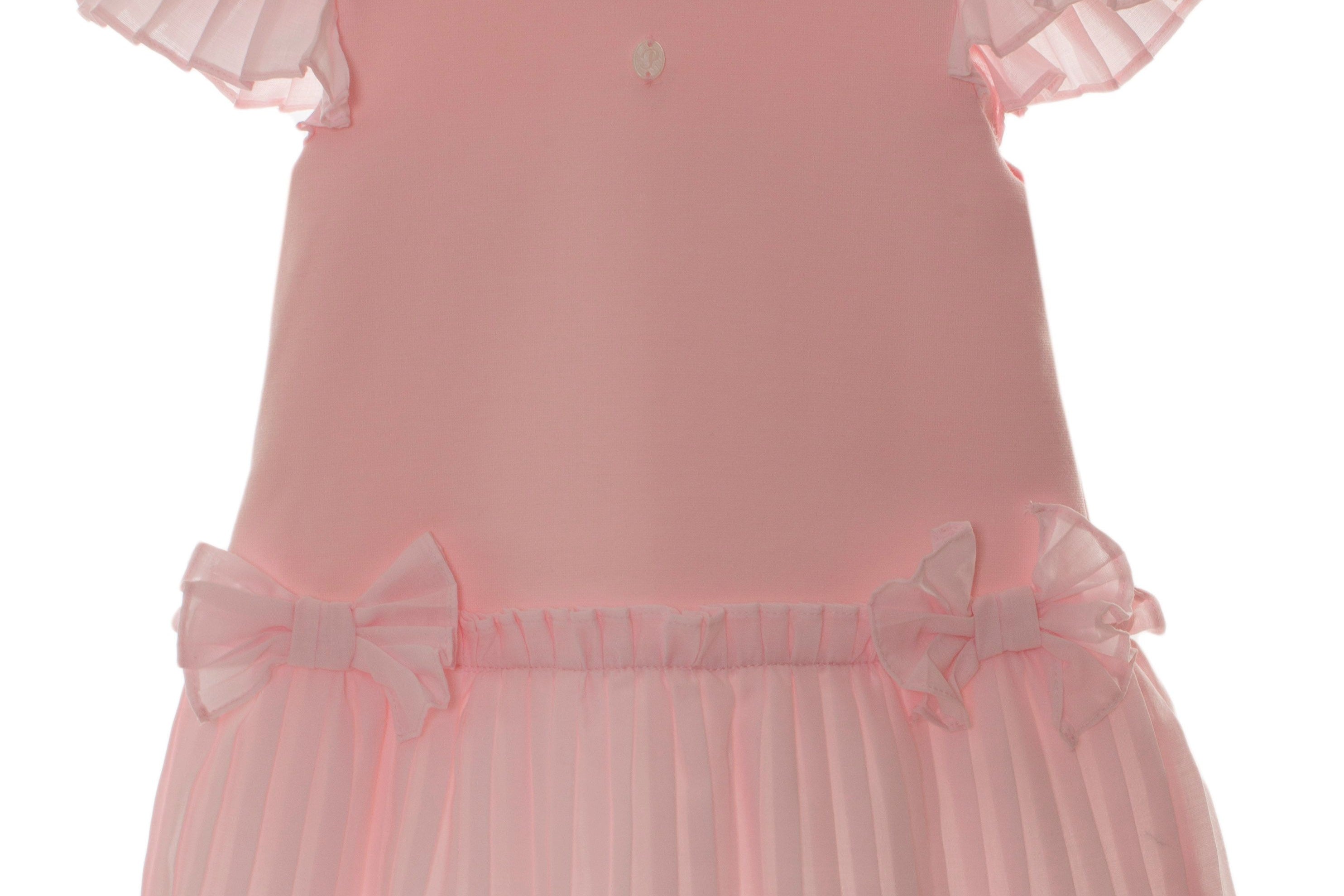 Patachou cotton pink pleated bow dress for baby girls with short sleeves, a pleated voile, a round neck, and a flared hem