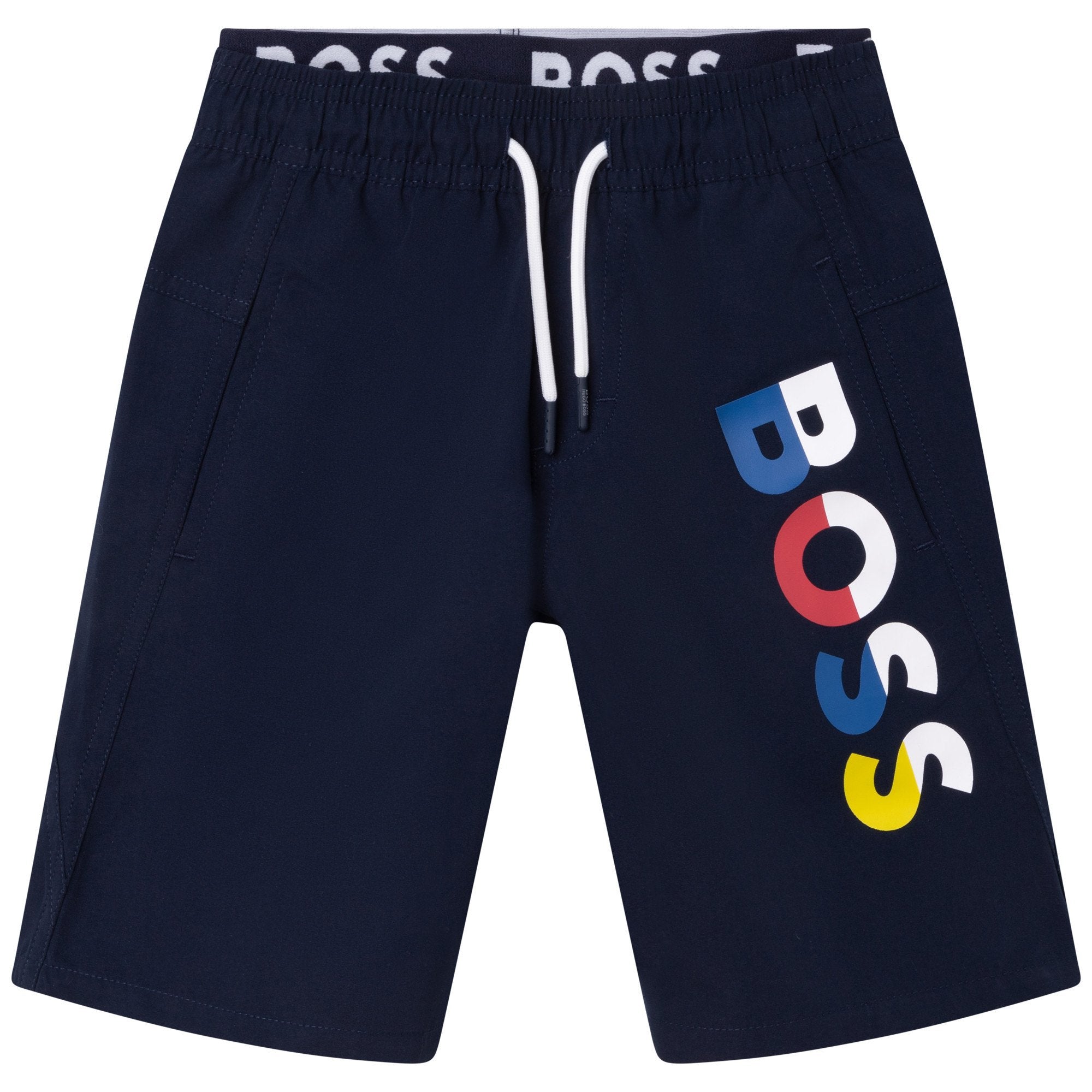 Junior boys' navy blue swim shorts by Hugo Boss with a multicoloured logo print, rubberized side pockets, and a double elasticated drawstring waistband