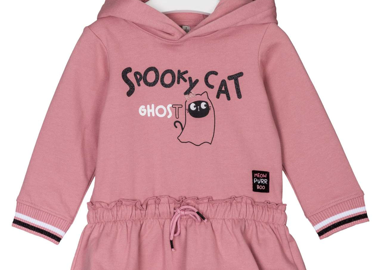 cotton hooded pink sweater dress with cat print, long sleeves