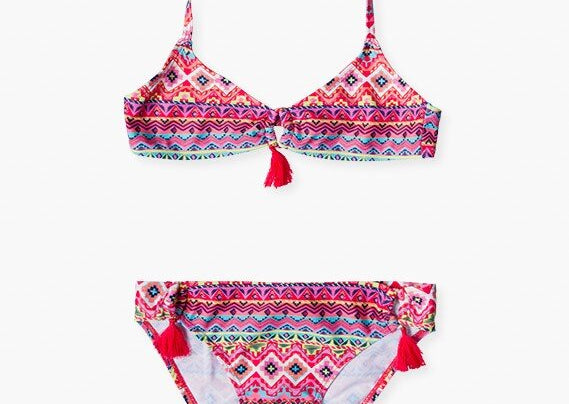 two-piece bikini swimsuit for girls in pink and colorful design, hipster swim bottoms front-lined bikini top