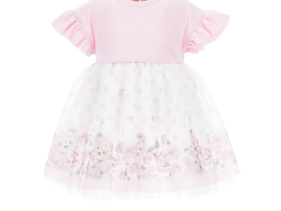 white ruffle sleeve baby dress by Monnalisa, featuring delicate floral prints of roses, tulle jersey dress for spring