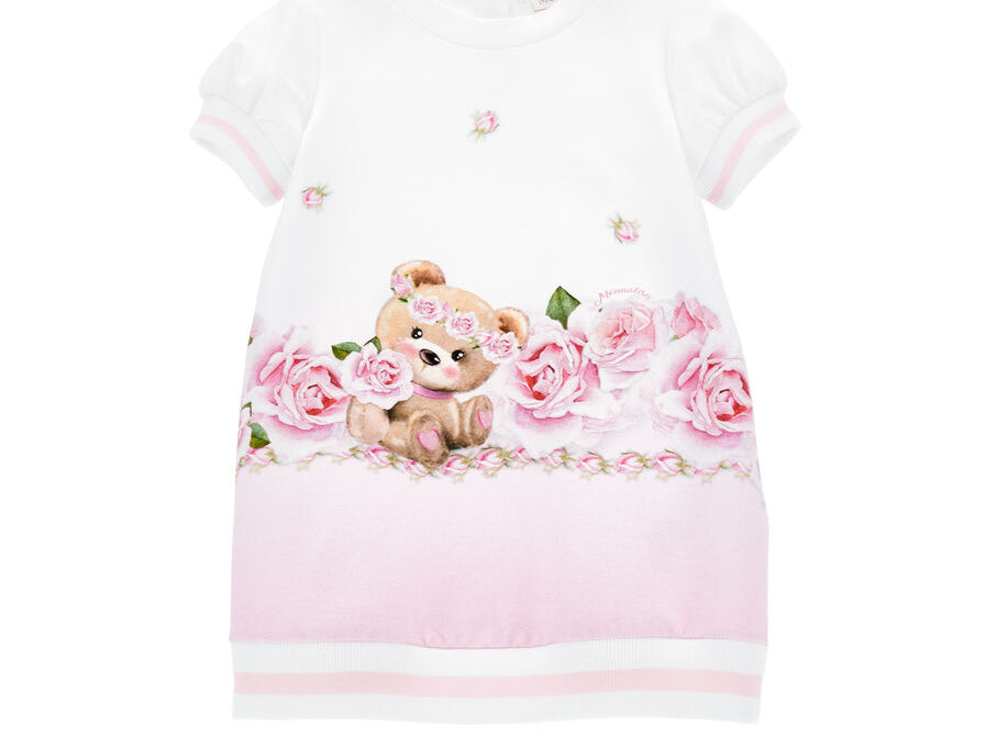 cotton floral sweatshirt dress with cute teddy bear, short sleeve dress for spring