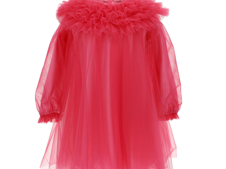 multilayered tulle pink dress with ruffle collar