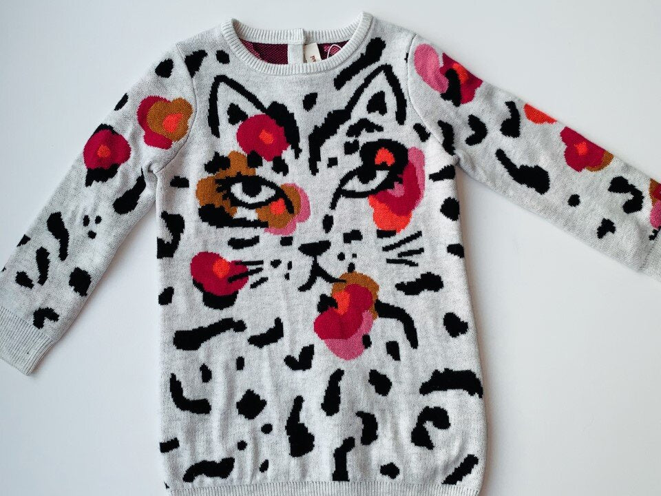 Round neck gray kitty print knit sweater dress for girls