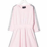 Pink jersey dress for girls by Emporio Armani. Cotton crew neck dress with three-quarter sleeves and an above-the-knee length.