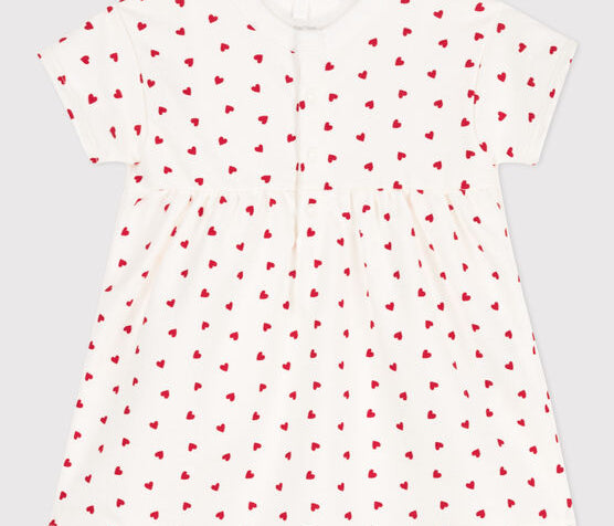 Petit Bateau baby girl cotton little heart dress in white with crewneck & short sleeves