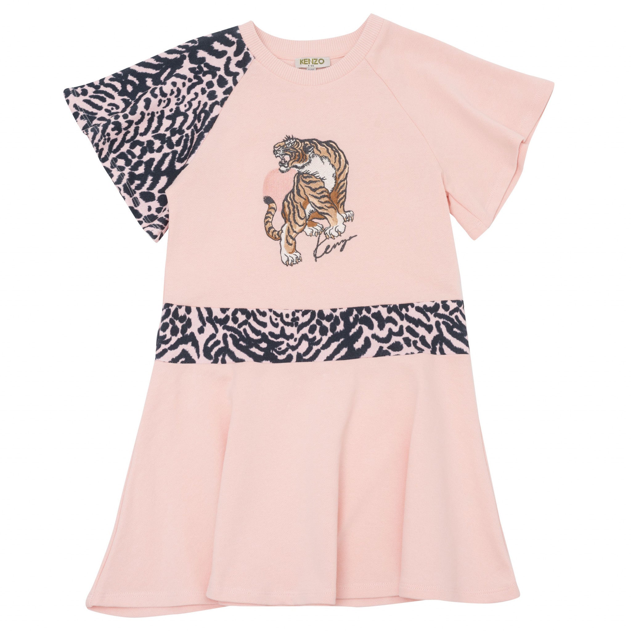 Buttlerfly sleeve cotton pink dress for girls, with an embroidered tiger and logo print on the front