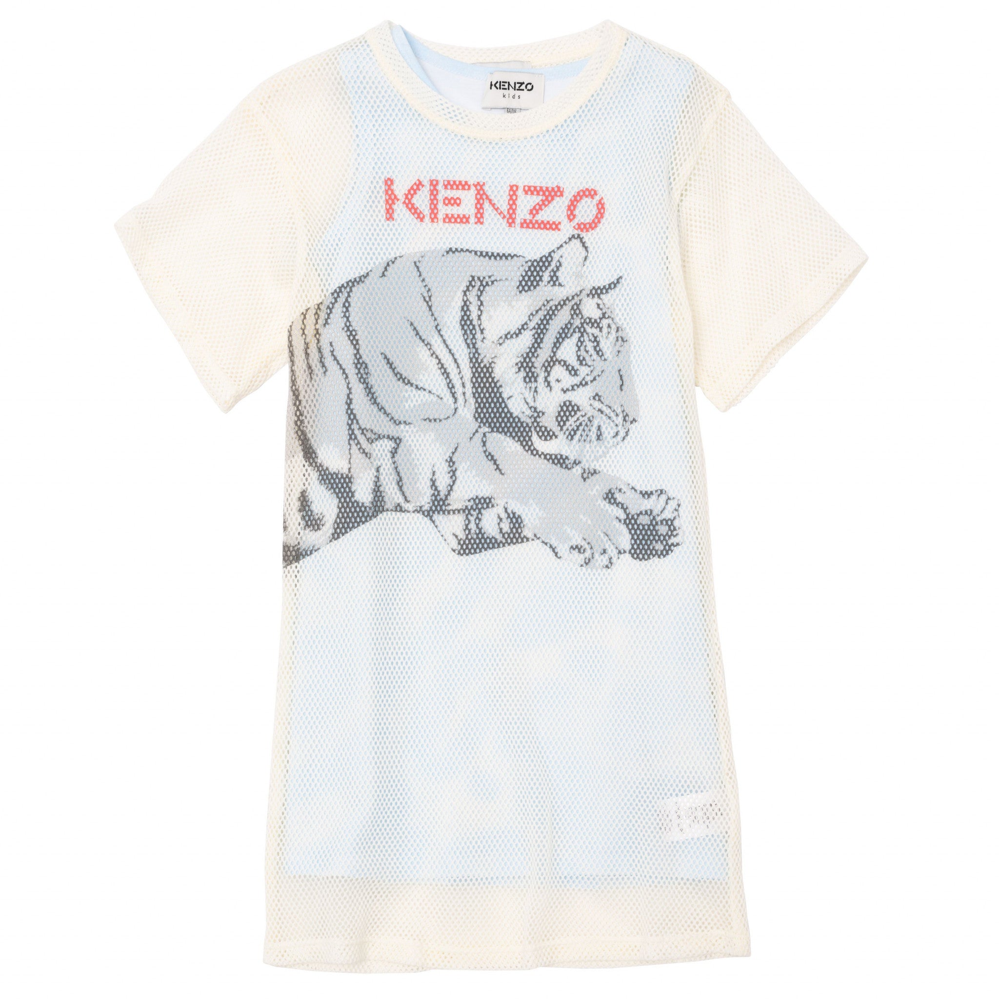 Short sleeves white cotton dress for girls with Kenzo tiger motif embroidery