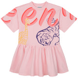 Short sleeves pink cotton dress for girls with graphic print, crew neck, and straight hem