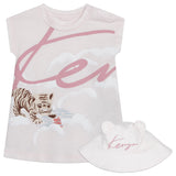 kenzo baby girl cotton short sleeves dress in light pink with press studs on the shoulder, with accompagning bucket hat with cute ears & the logo