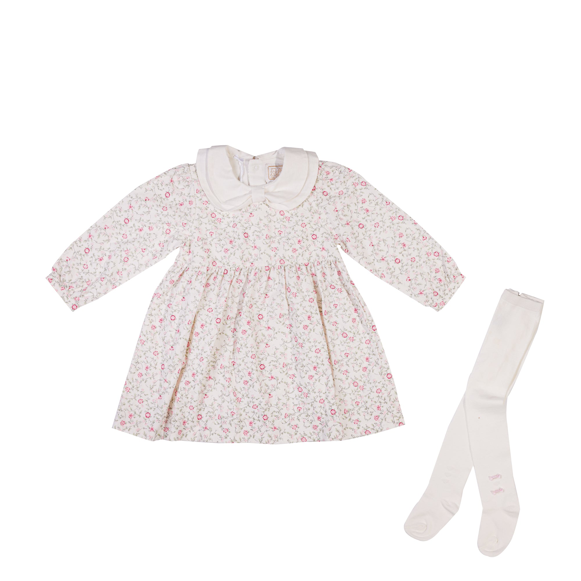 long sleeves floral cotton dress with matching tights for baby girl in light pink