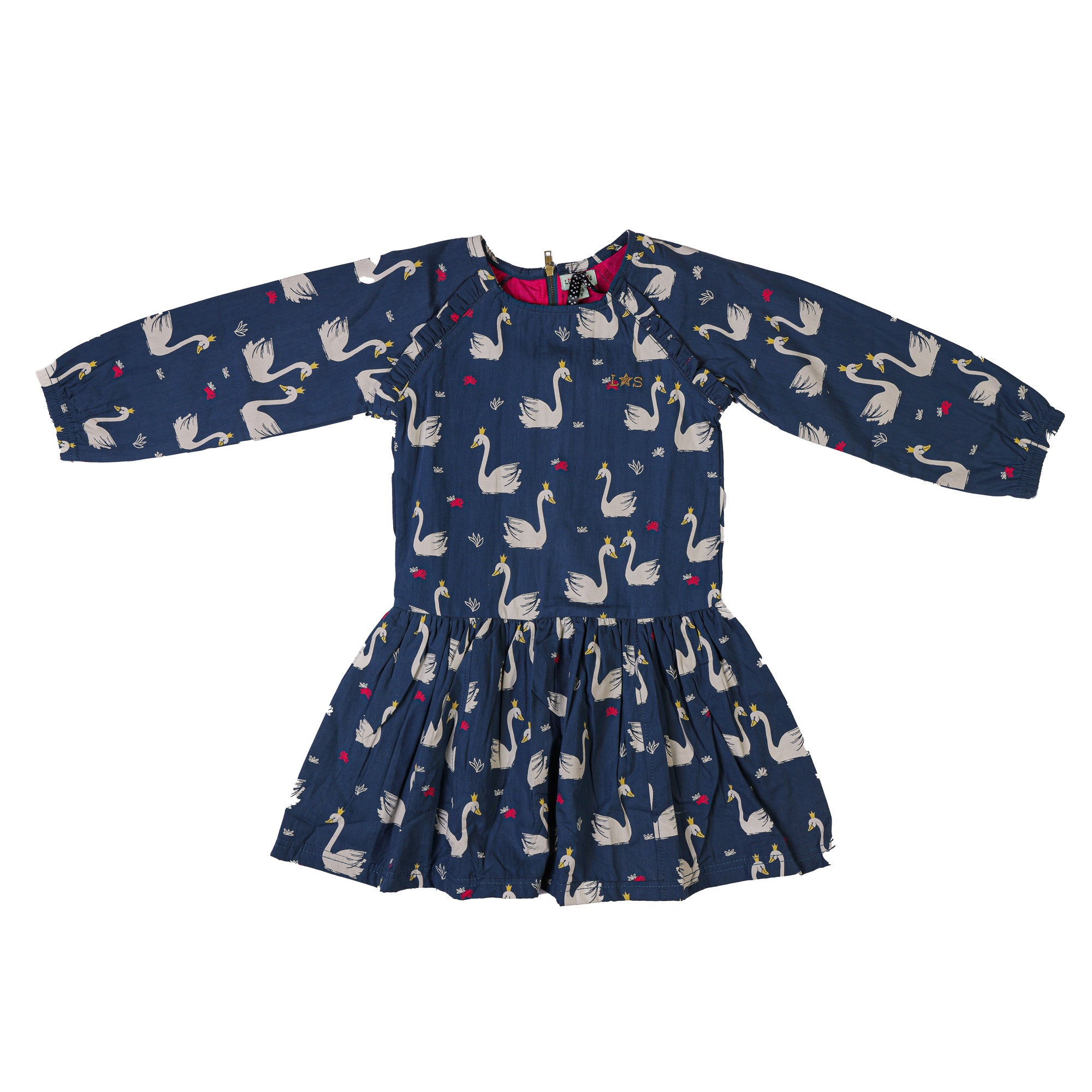 Long sleeve cotton dress for girls with blue swan prints