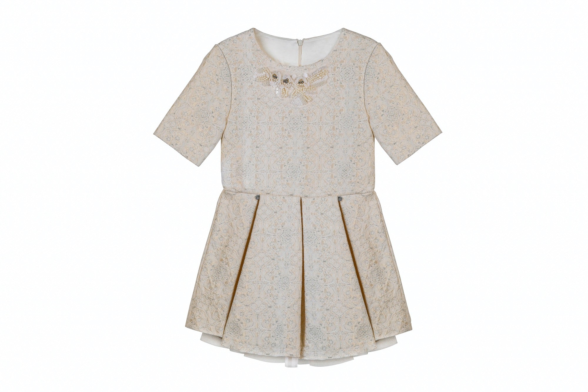 short sleeves pleated cream mini dress for girl's party