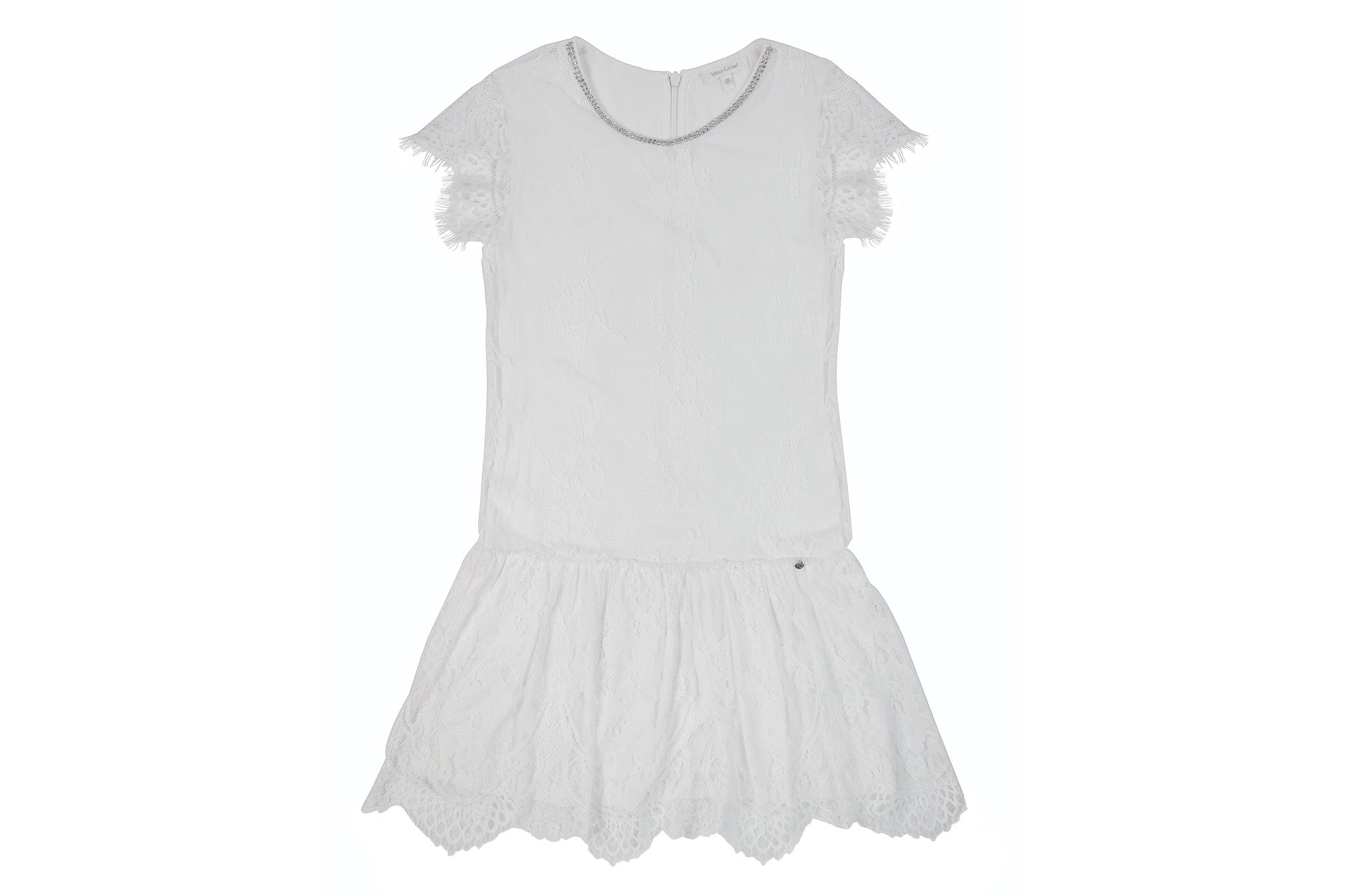 embroidered white tulle mini dress for girls with studs 