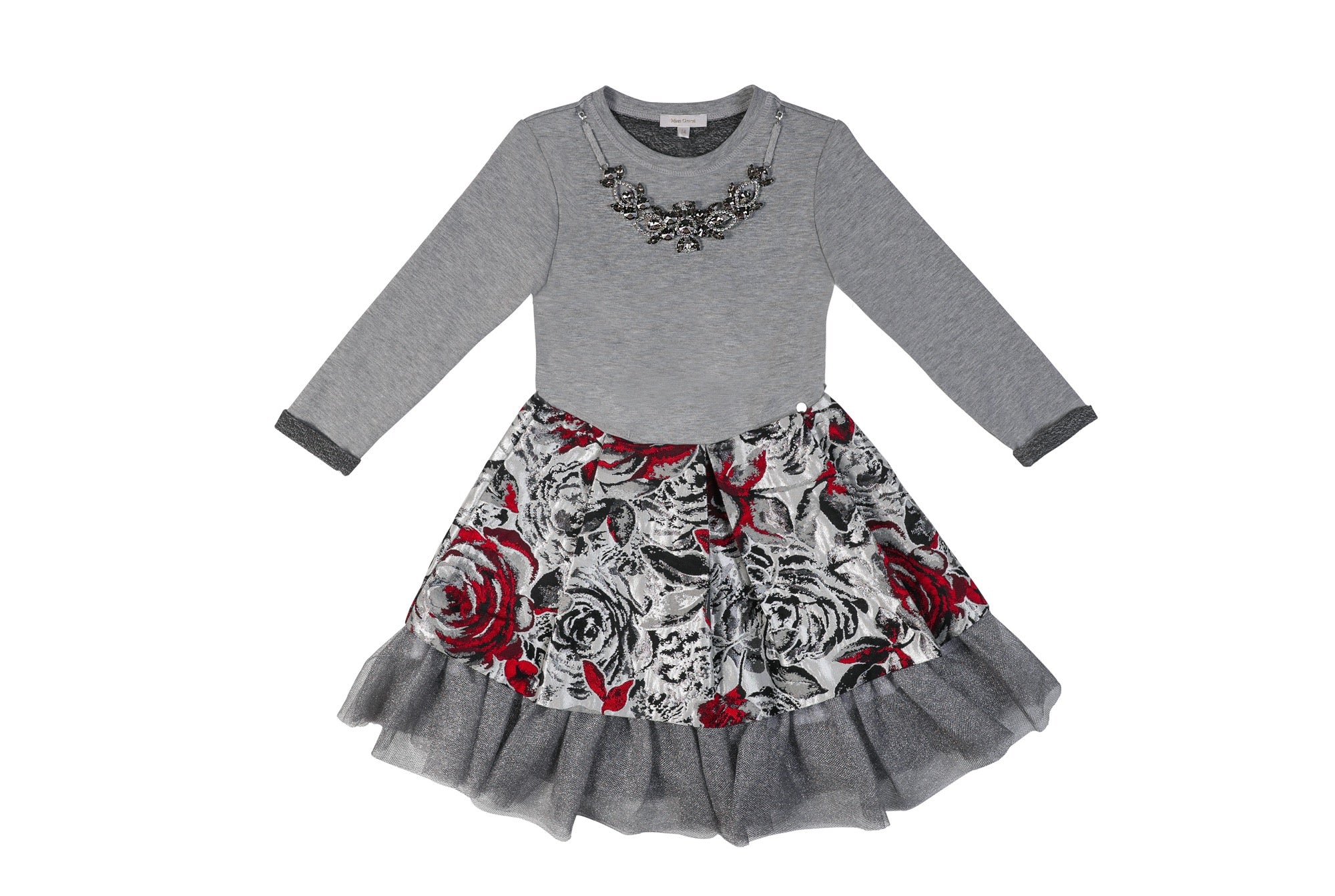 Long sleeves silver dressy dress for girls with floral tulle skirt and a necklace