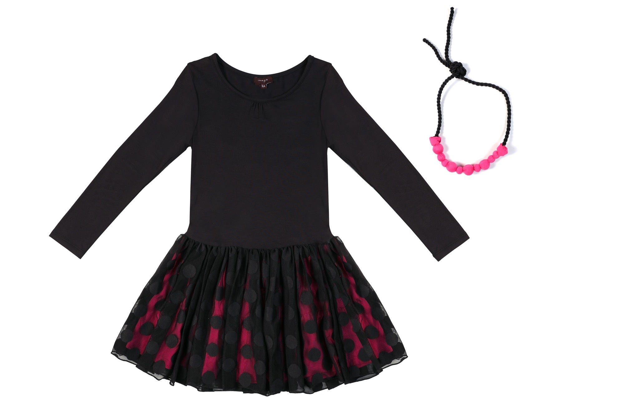 black dress with tutu pink lining and dots print long sleeves with matching headband