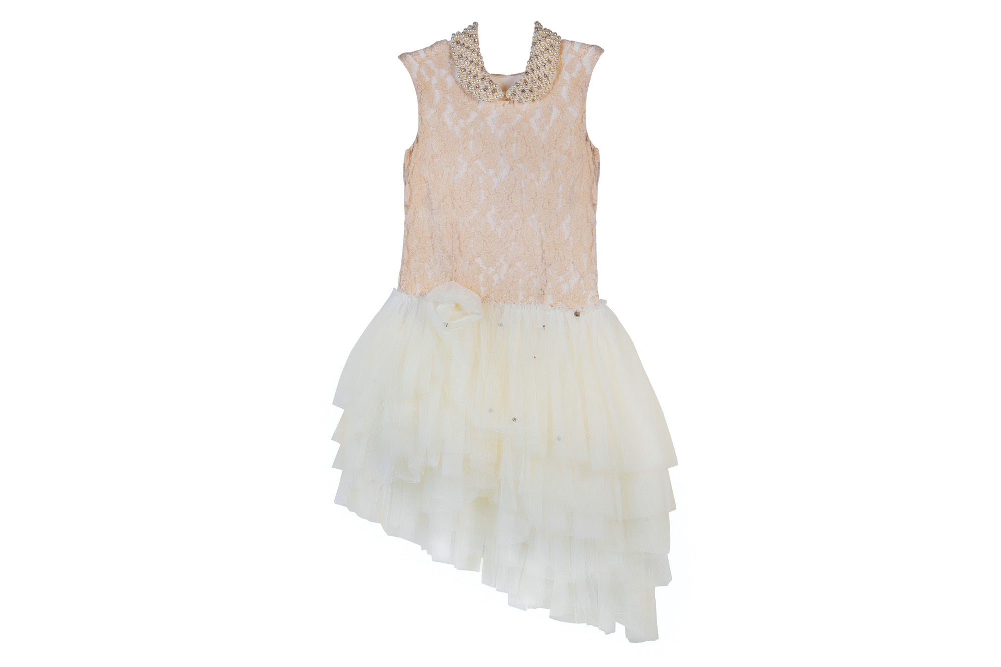 pink lace ruffle dress with asymmetrical white tulle skirt for girls