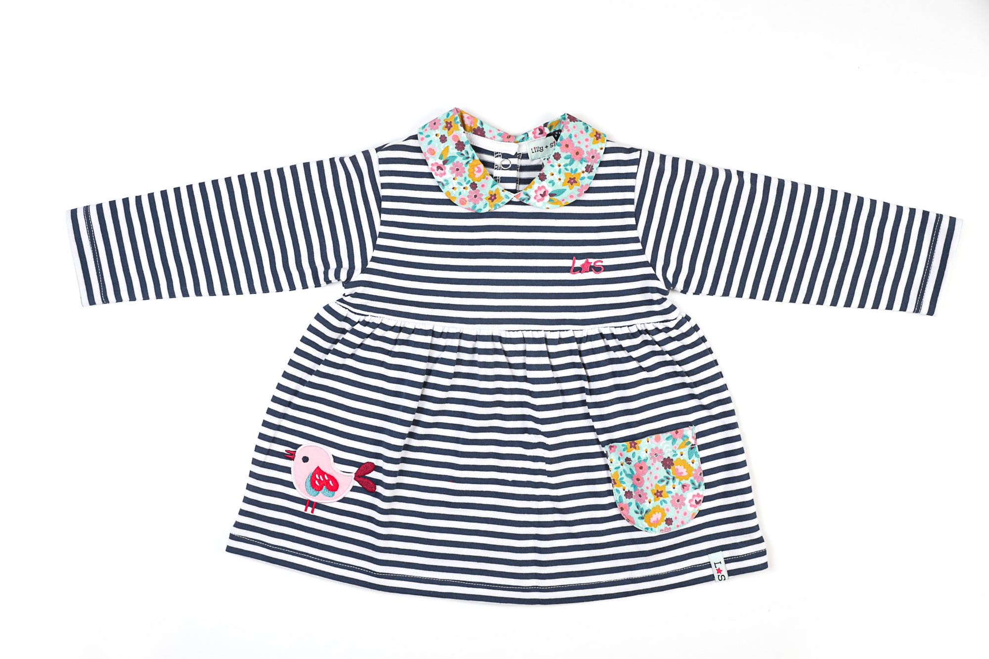 long sleeves striped dress for baby girl with floral collar and a front pocket