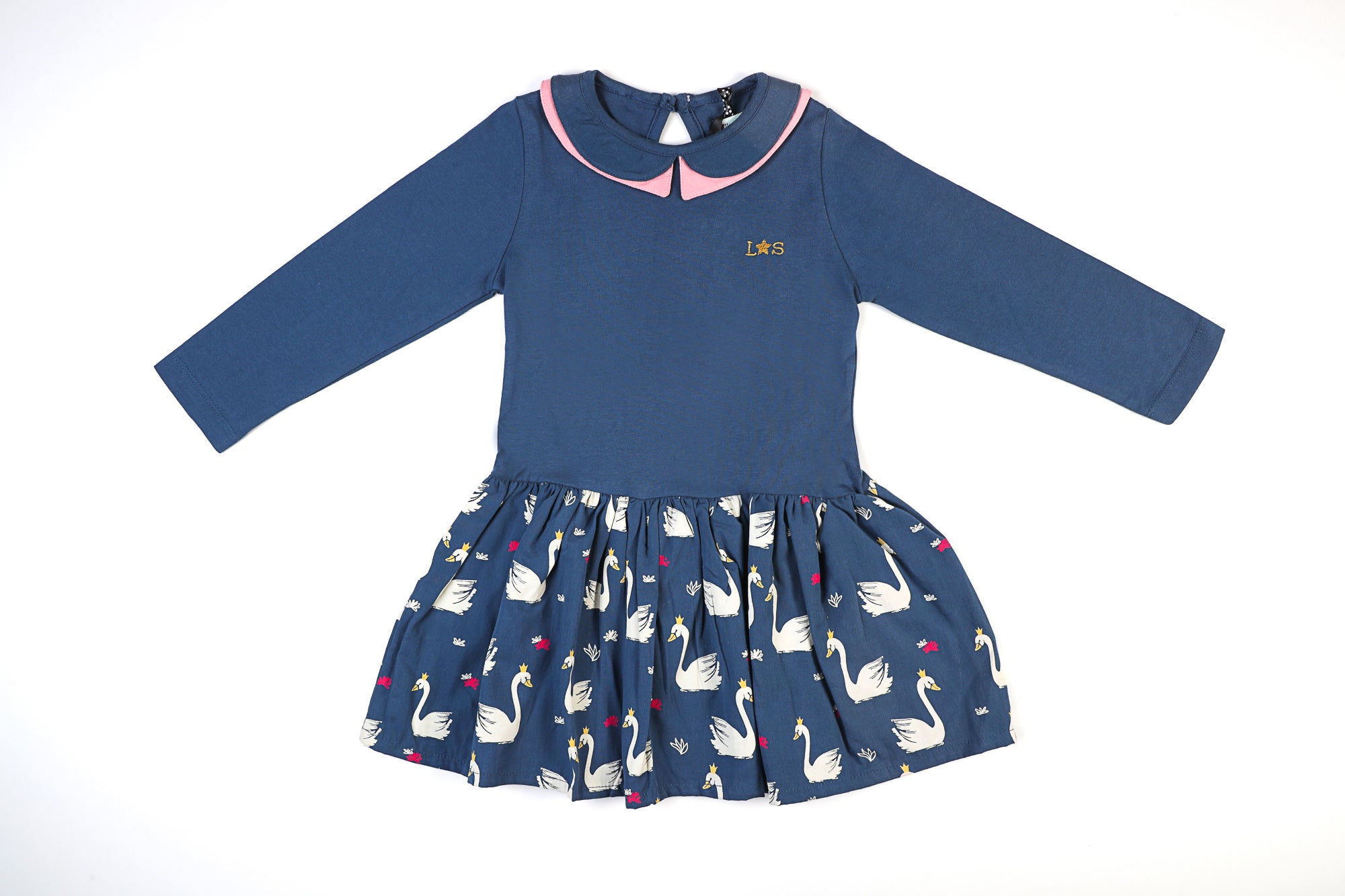Lilly and Sid girls navy blue cotton dress with long sleeves & swan patterns on the skirt