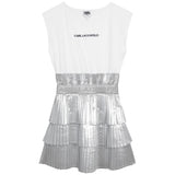 Girls Pleated tiered cotton dress in grey white top and silver bottom karl lagerfeld logo at front
