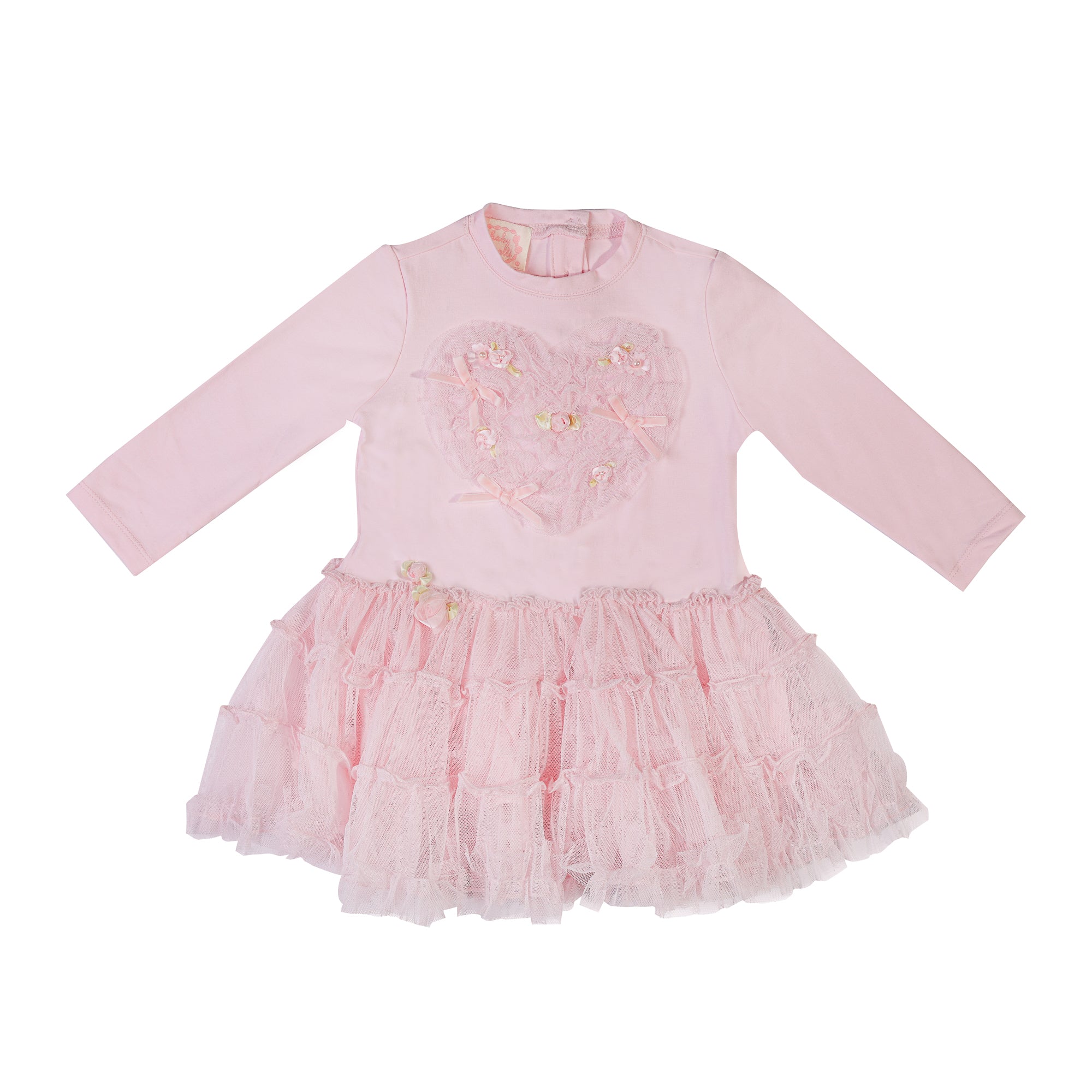 kate and mack pink long sleeve ruffle dress with embroidered heart and floral details on the front, and a tulle skirt 
