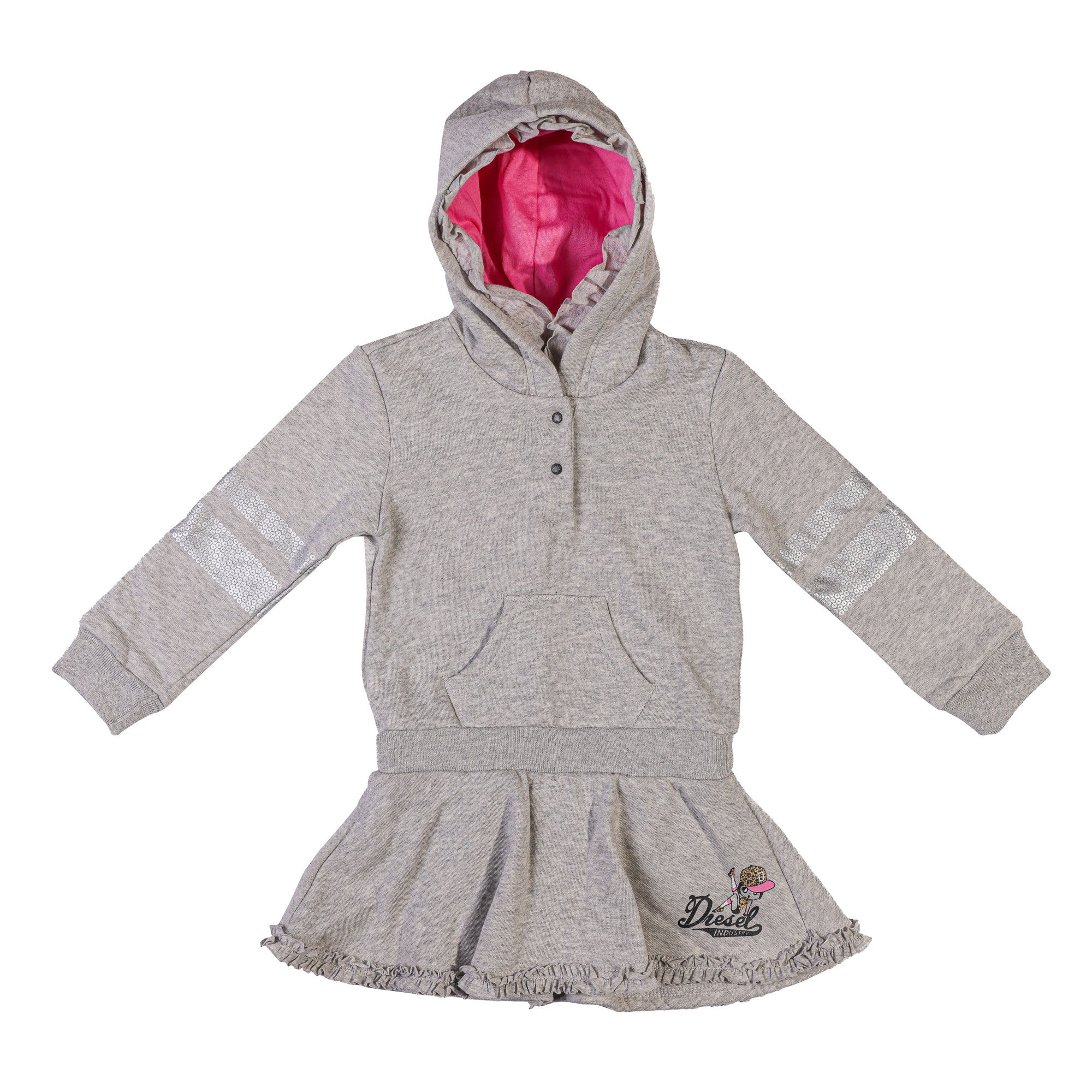 grey long-sleeve hooded baby dress by Diesel, with dropped waist silhouette, kangaroo pockets and a cozy hood