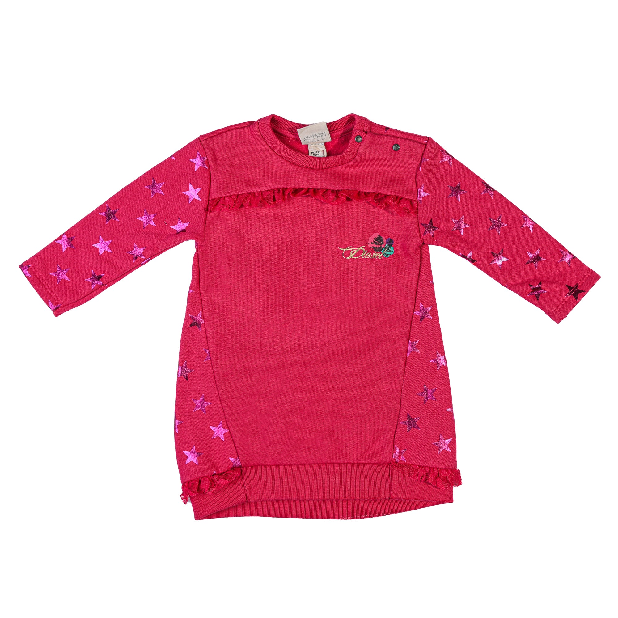 Diesel baby girl cotton sweater dress with fleece, ruffles on the front and botton with stars