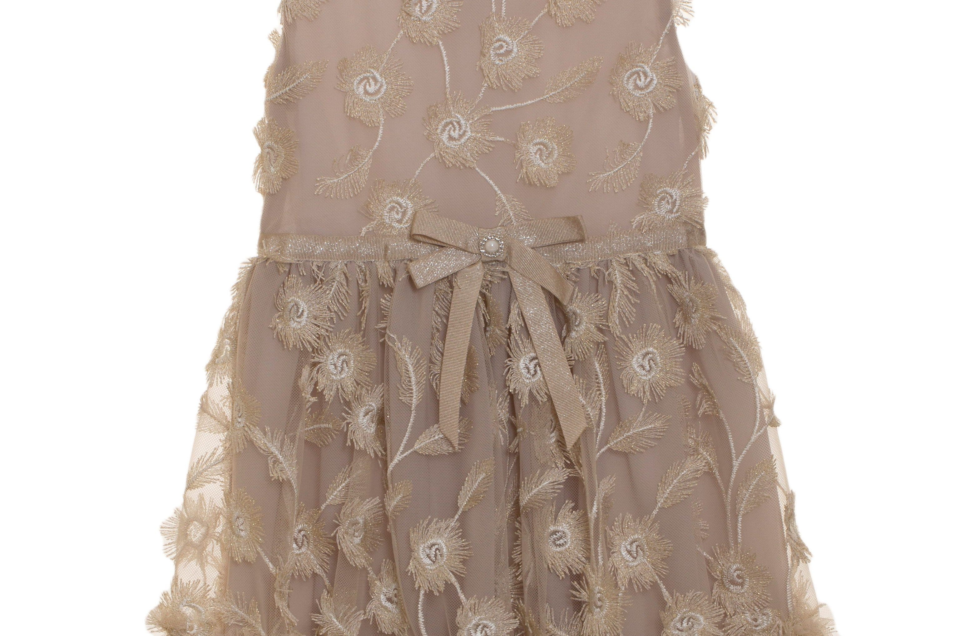 Sleeveless floral tulle party dress in gold with chiffon and a  ribbon waistband