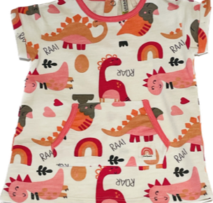 Losan short sleeves summer dress for baby girls white and pink trims with a printed dinosaur motif and snap buttons on the back