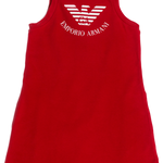 Sleeveless cotton red hoodie dress for girls, rubberized Eagle logo in white on the chest