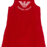 Sleeveless cotton red hoodie dress for girls, rubberized Eagle logo in white on the chest