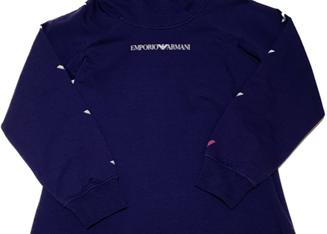 Long sleeves, junior deep purple hoodie midi sweatshirt dress by the luxury brand Emporio Armani,