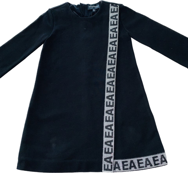 soft cotton jersey dress in black with a zip fastening at the back, a sequin band on the side, and on the hem with the letters E and A