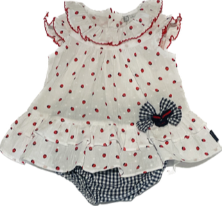 sleeveless baby girl summer dress and bloomer set in cotton white ruffle dress with red strawberry print and naby blue bow