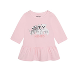 Kenzo kids pink ruffled sweater dress in cotton with winter animals & logo print on the chest