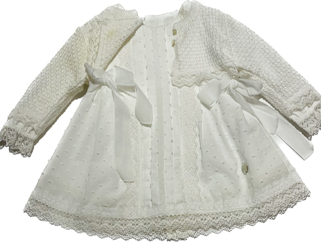 Paz Baby Girl Woven Dress in white for ceremony with matching knit cardigan & polka embroidery