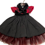 A burgundy dress with a black organza ruffle and short sleeves, lolita midi dress for girls