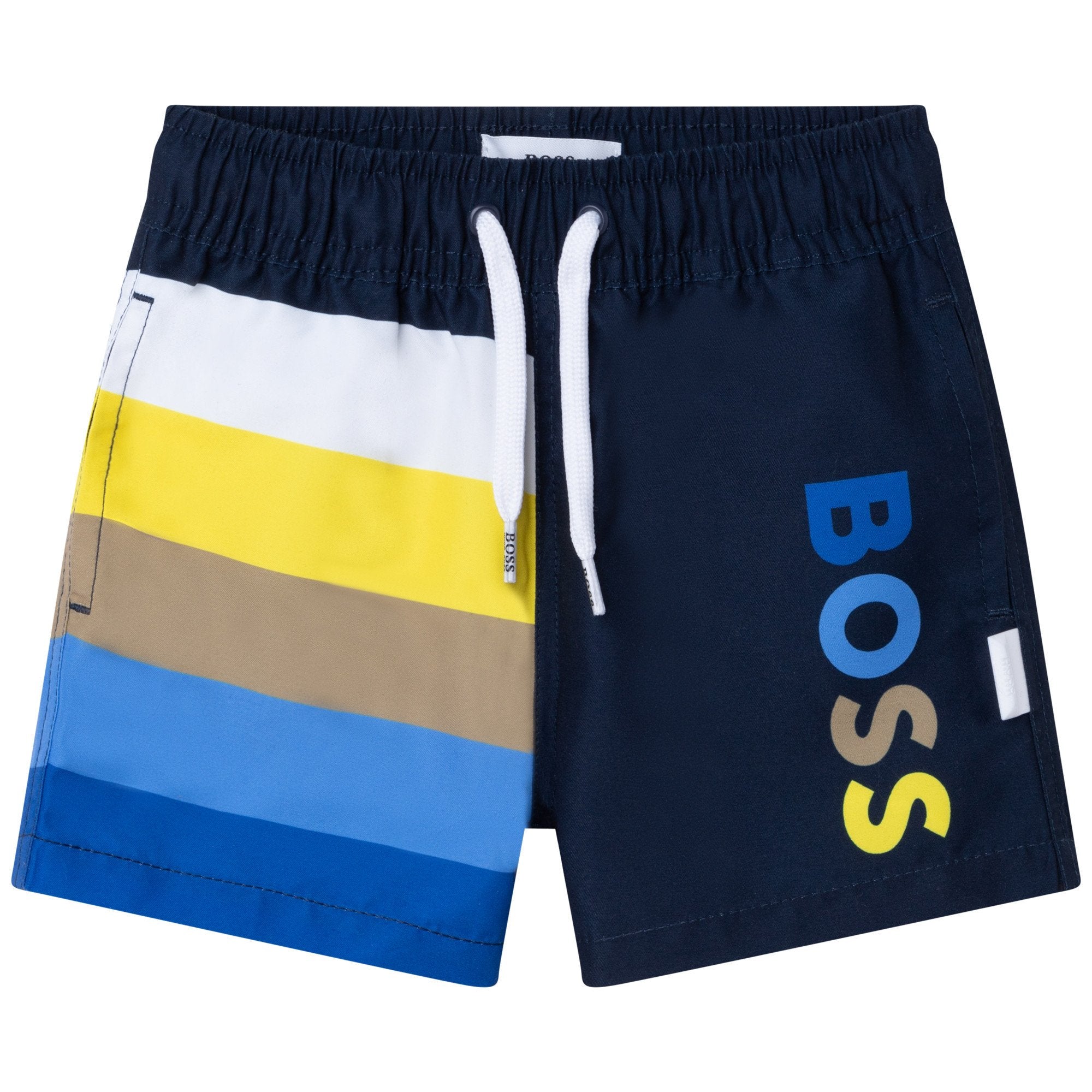 Boss baby boy swim shorts in navy color with multicoloured stripes on the right and elastic waistband