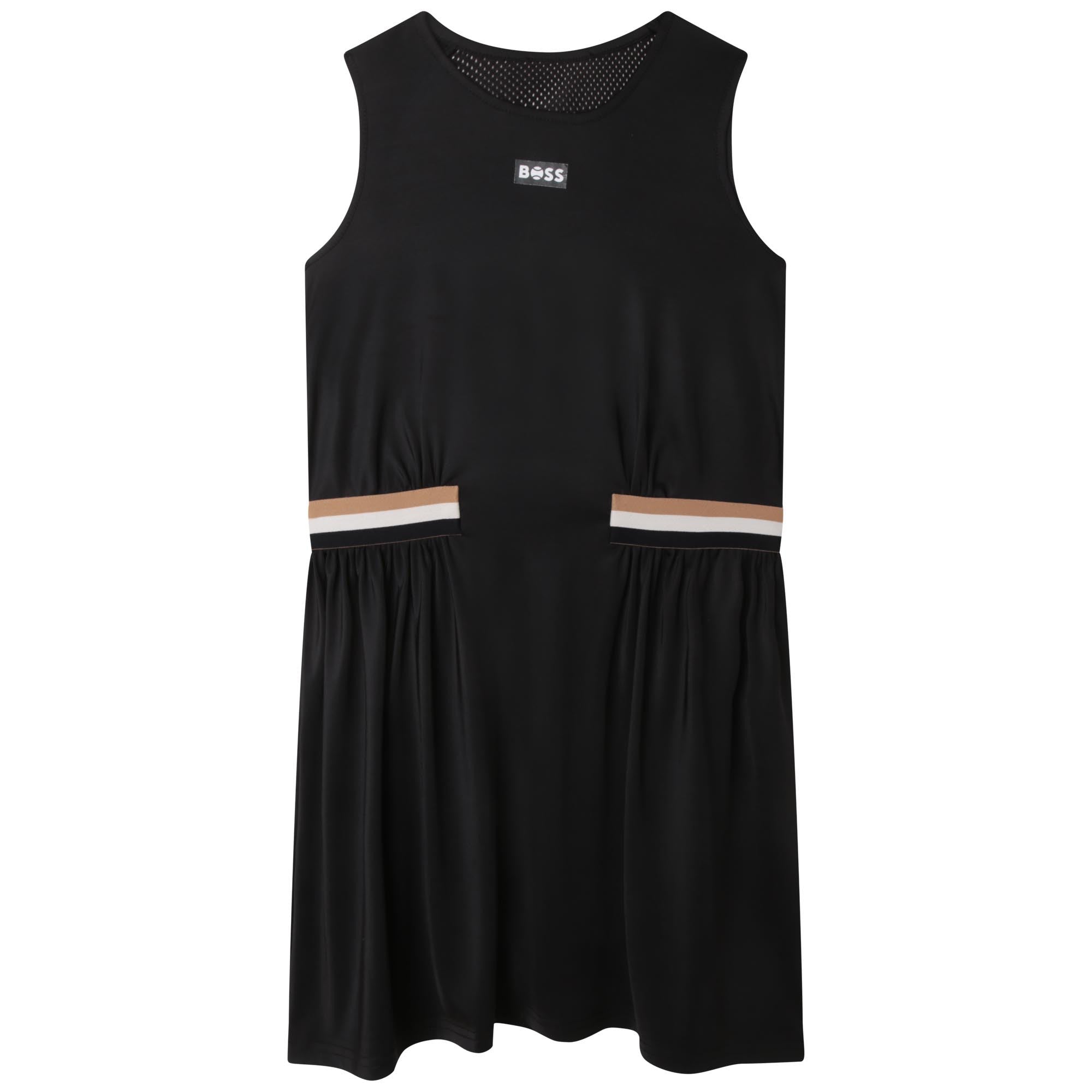 Sleeveless black dress for girls in stretch fabric with signature- stripe details and a logo accent by Boss.