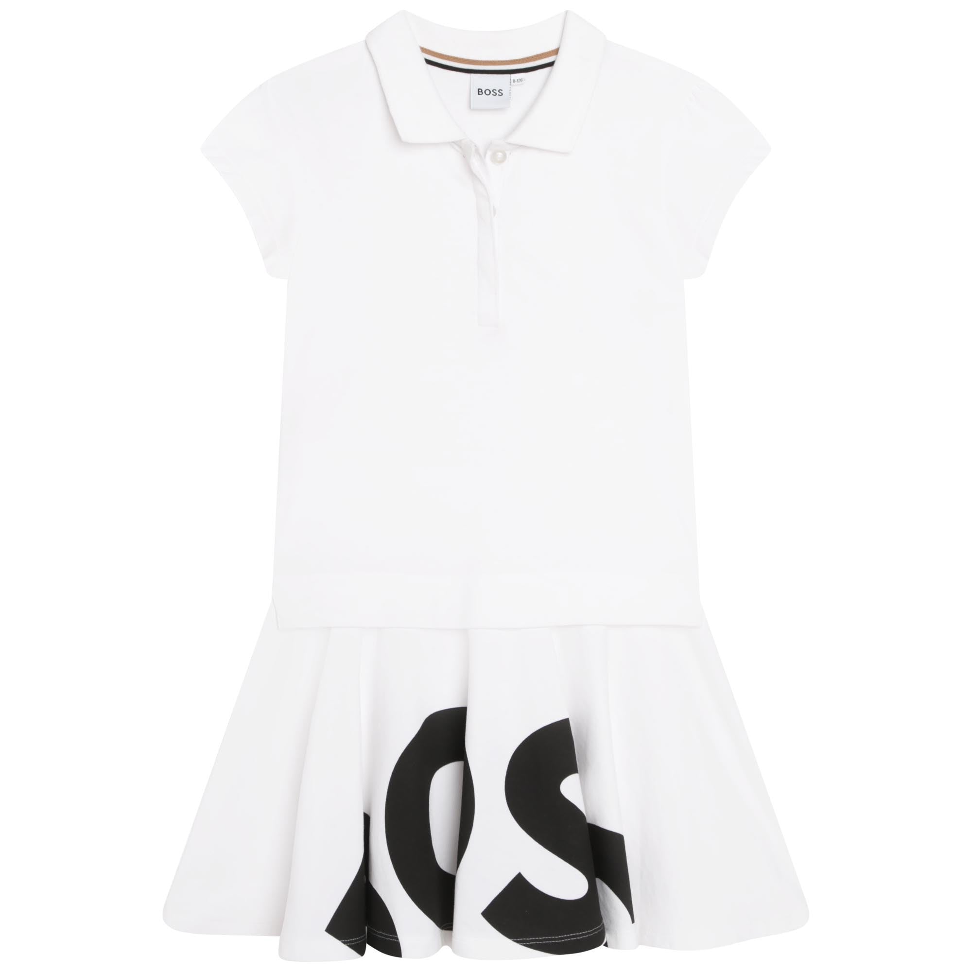 White polo collar dress with short sleeves, mid-length, stretch cotton