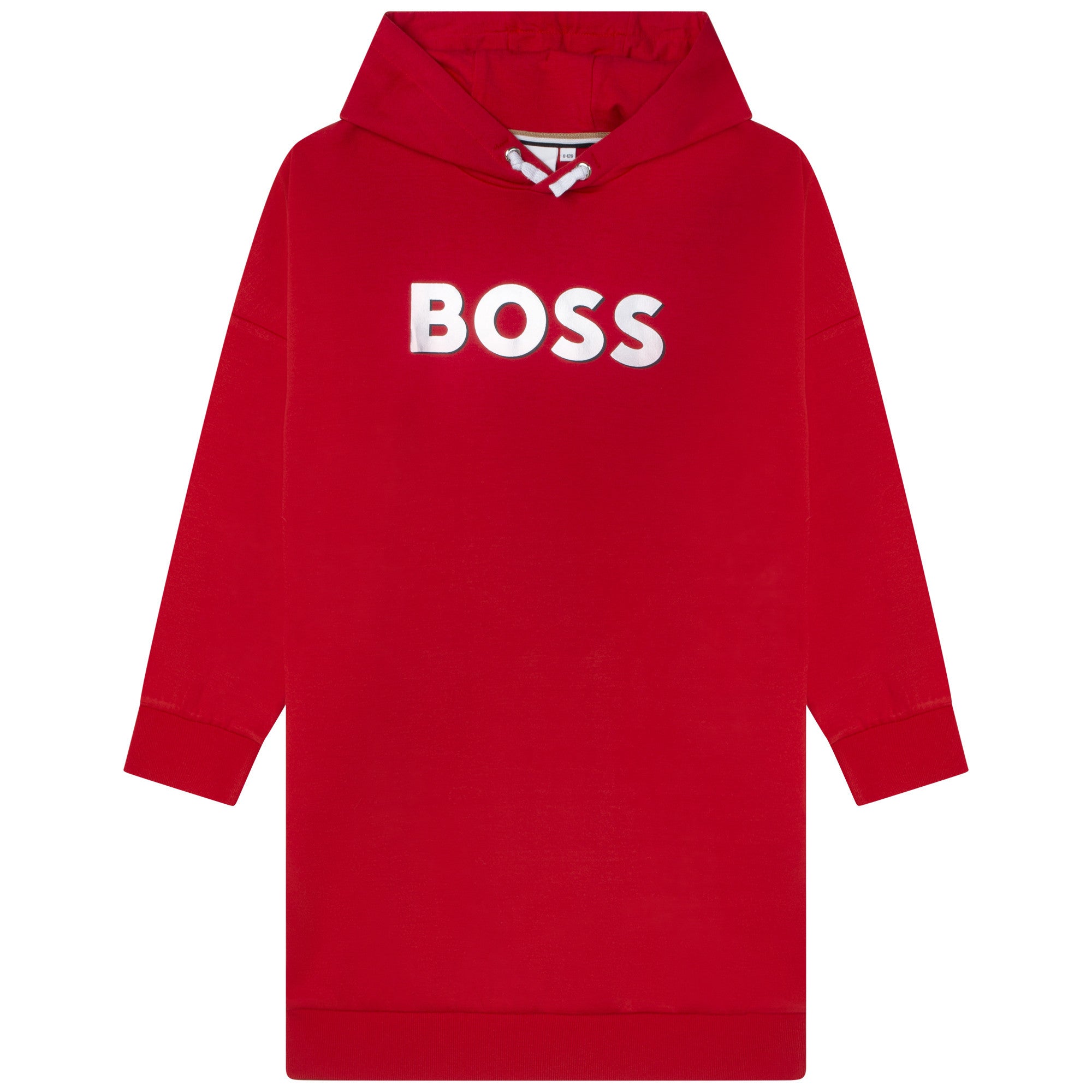 Casual red hoodie dress for girls, relaxed fit with Boss silver logo on the front