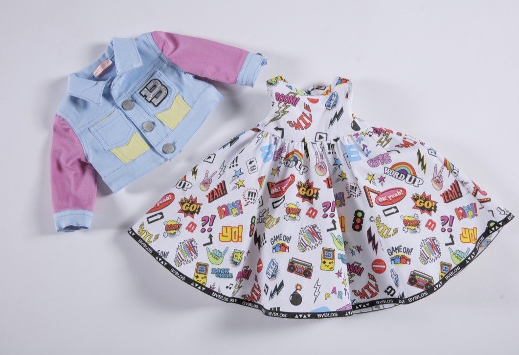 2-piece cotton set formed of a jacket displaying the brand logo on the front and cotton sleeveless ruffle dress adorned with frills & multicolor cartoon pattern